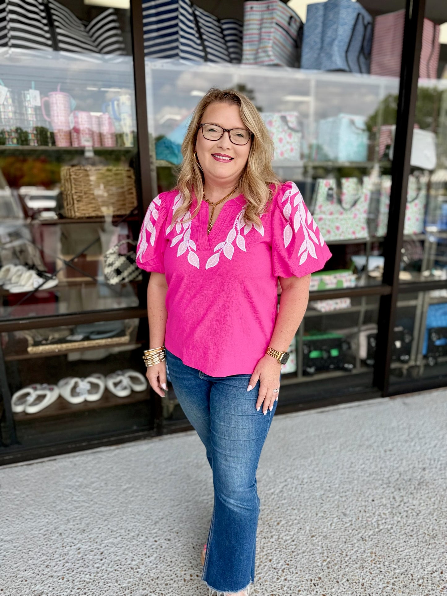 Leaf Embroidered Puffed Sleeves Top-Hot Pink