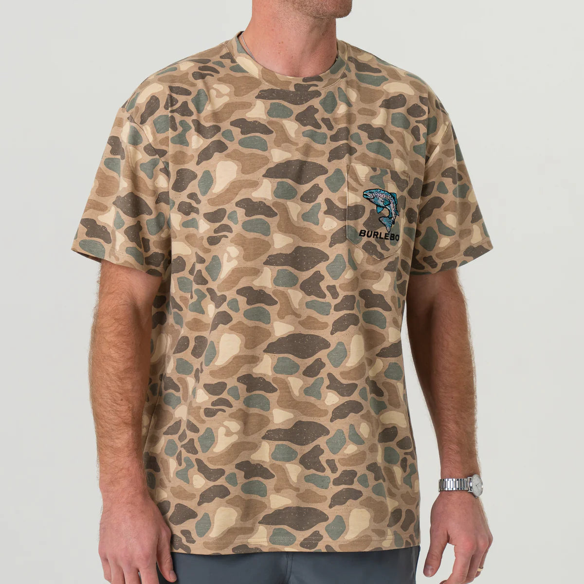 Pintail camo jumping trout Pocket Tee