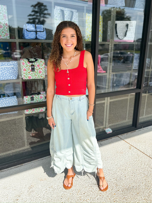 Button Crochet Crop Top- Red