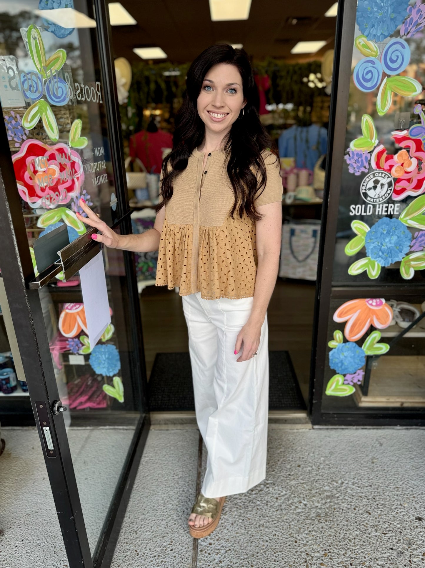 Eyelet Round Neck Cardigan-Butter Scotch