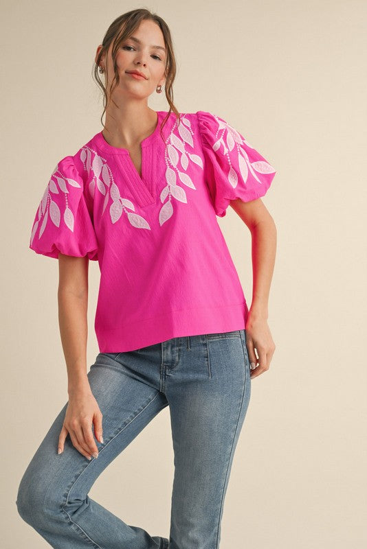 Leaf Embroidered Puffed Sleeves Top-Hot Pink