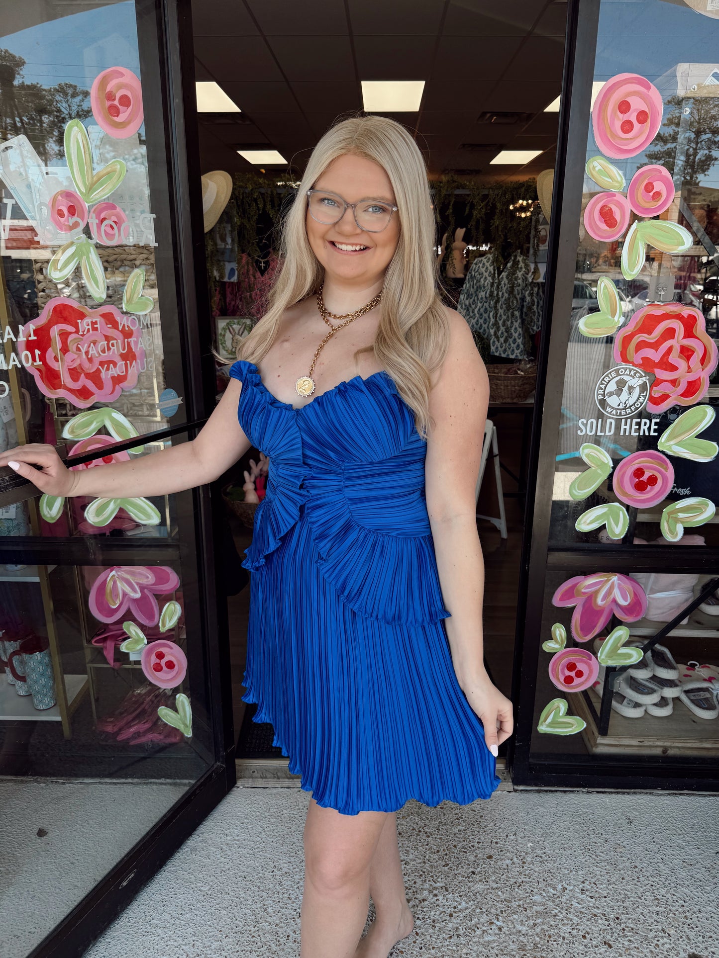 Pleated Satin Layered Ruffle Mini Dress-Cobalt Blue