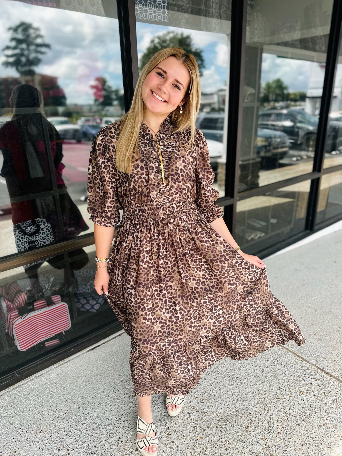 Animal Print Puff Sleeve Midi