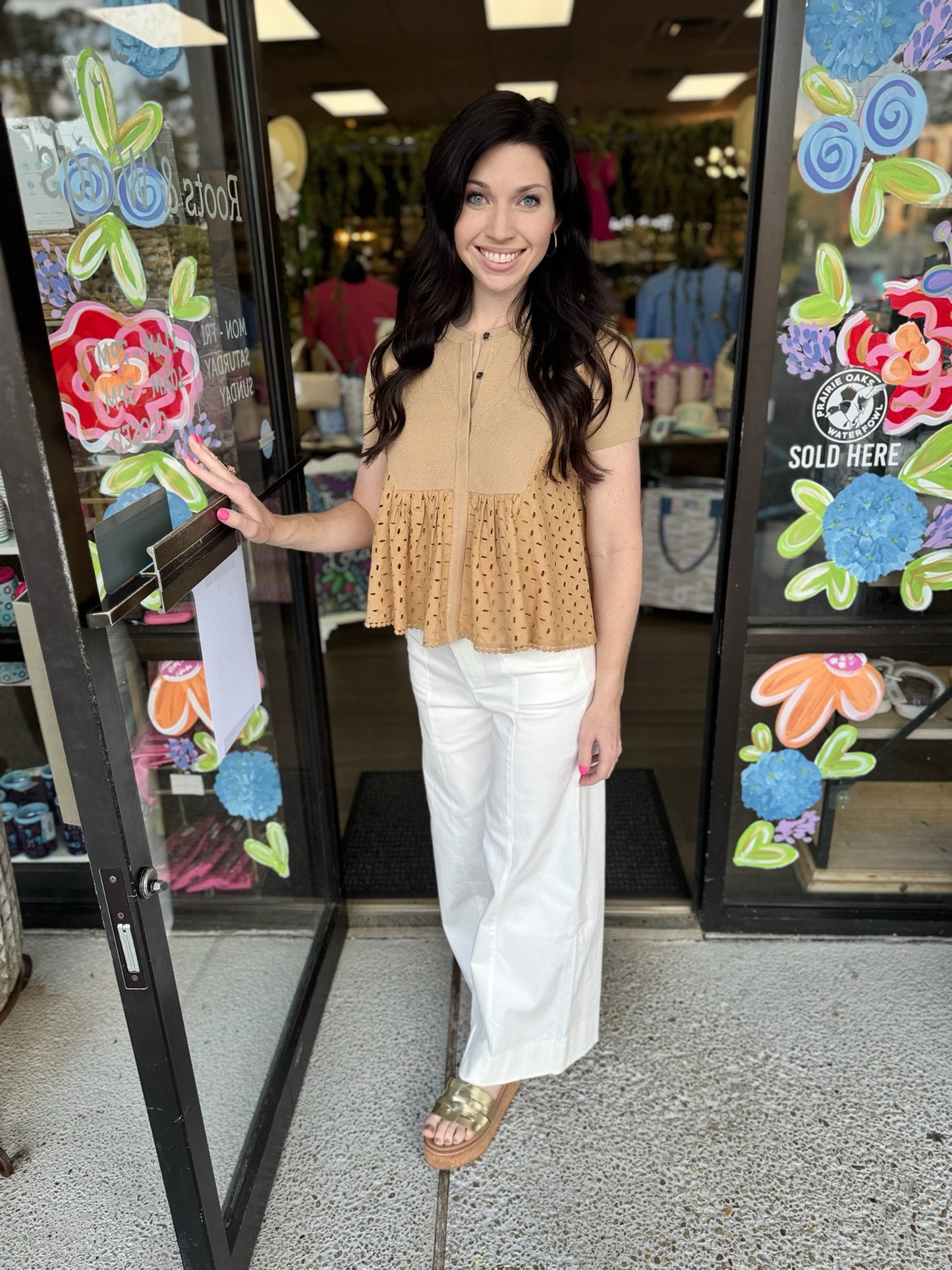 Eyelet Round Neck Cardigan-Butter Scotch