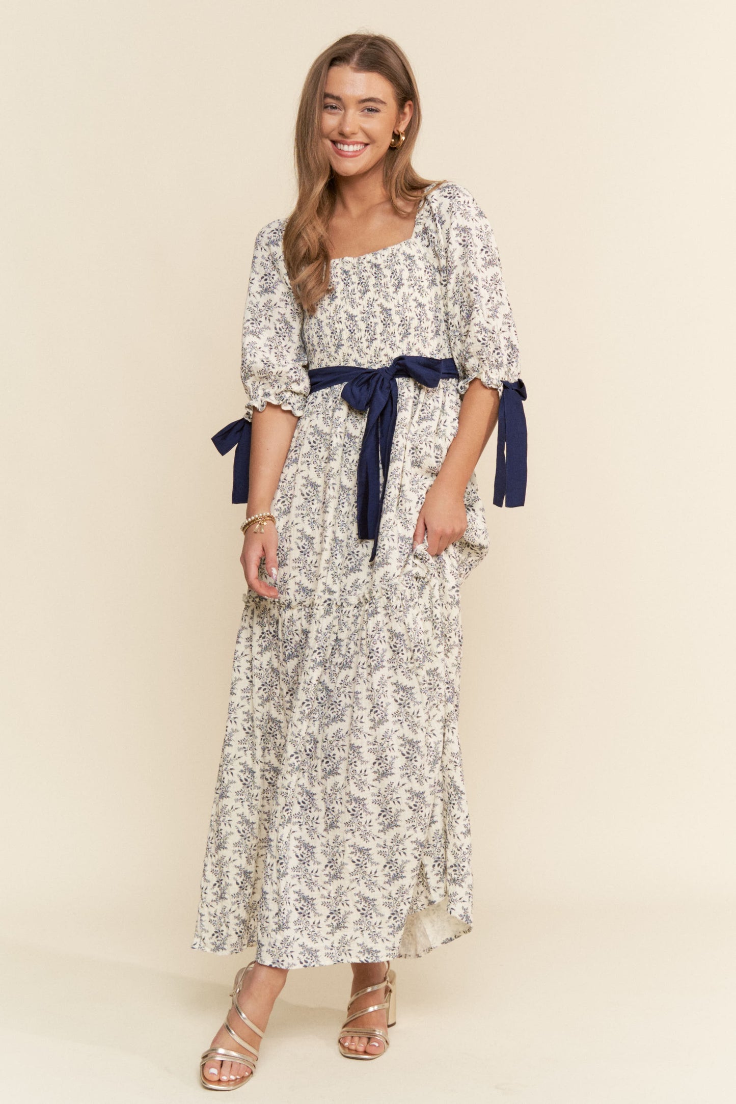 Floral Print Ribbon Maxi-Indigo