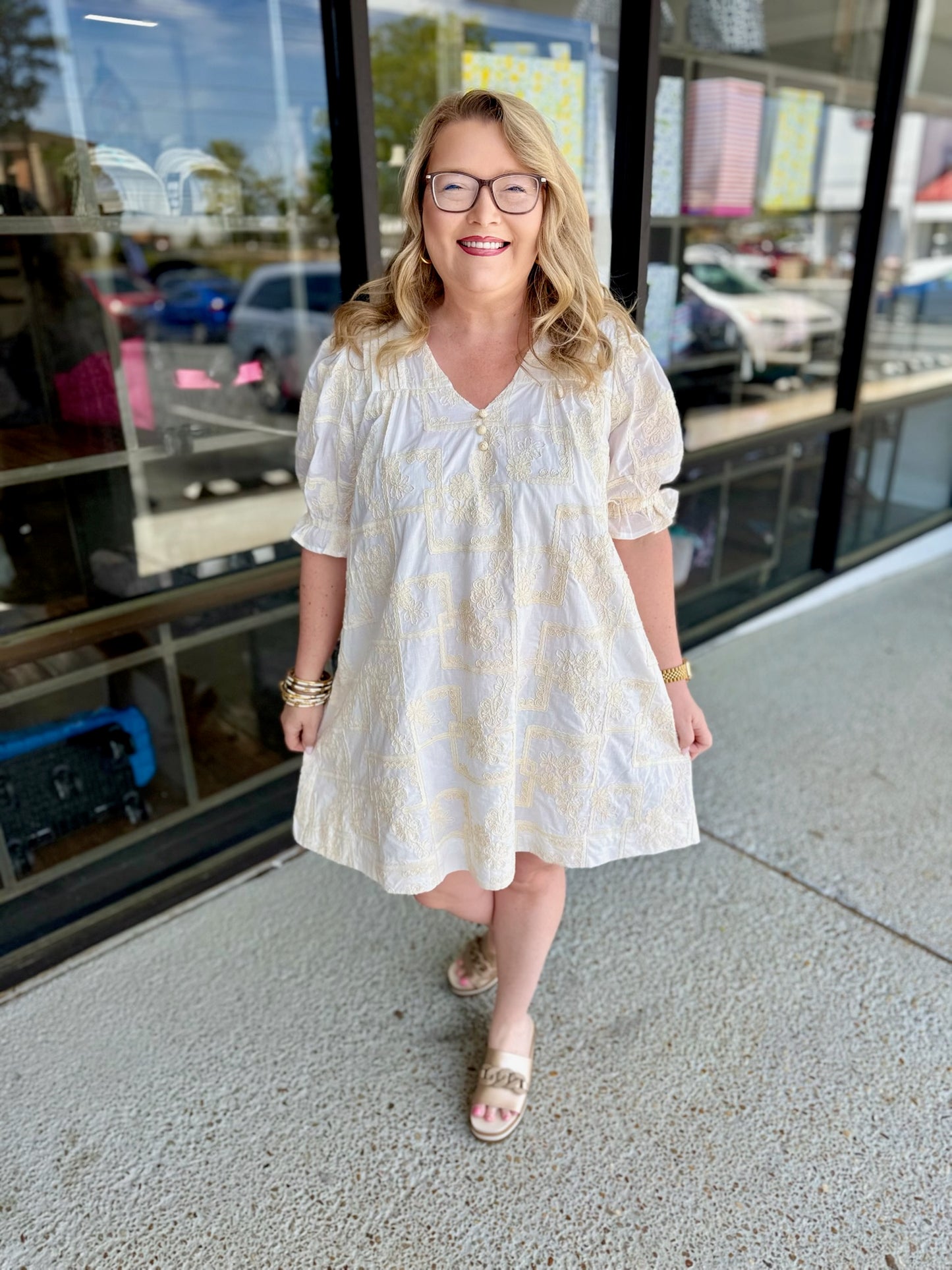 EMBROIDERED MINI SHIFT DRESS- IVORY