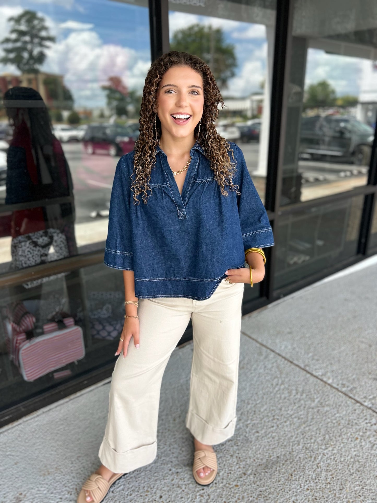 V Neck Denim Swing Top