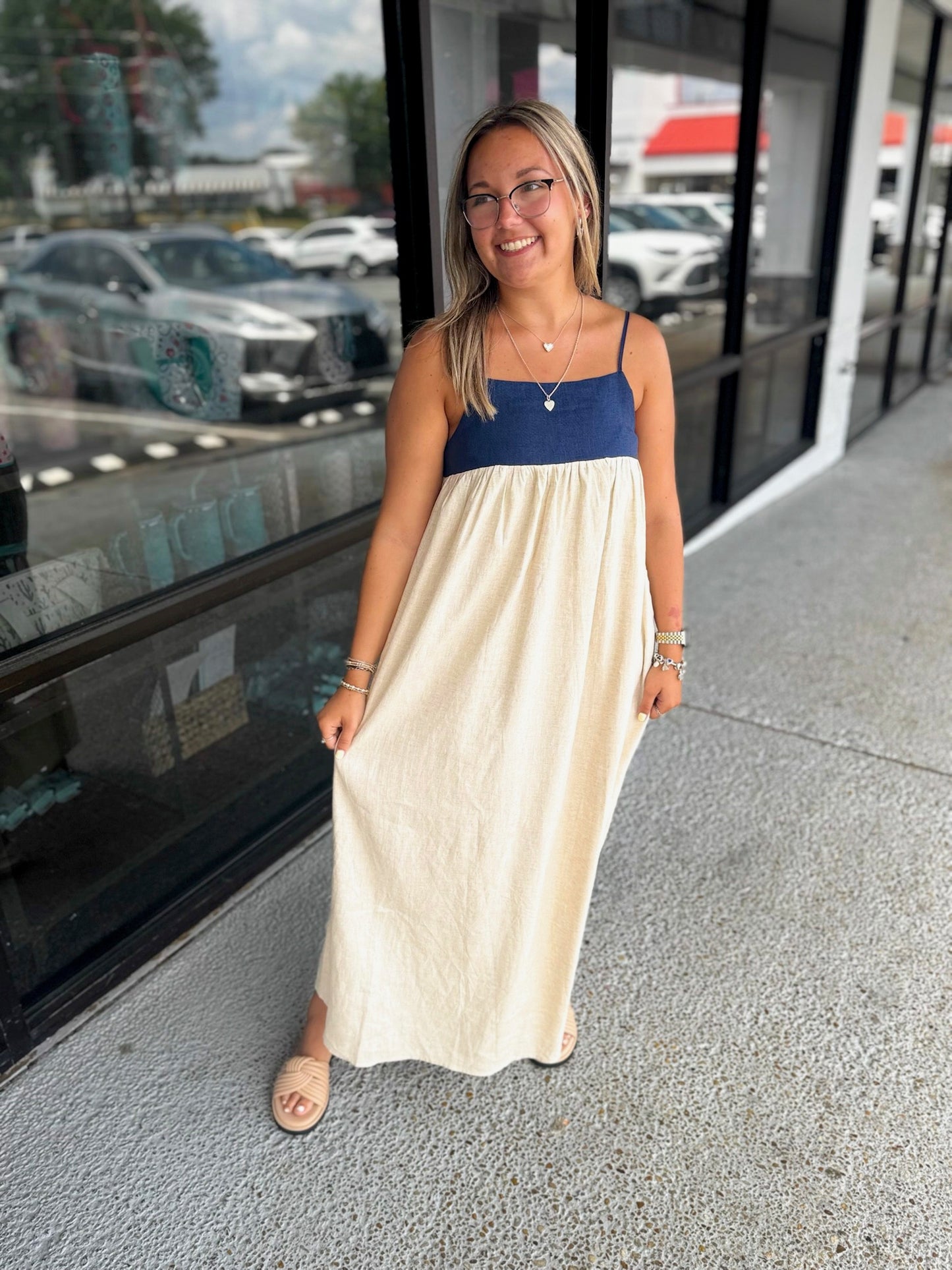 Linen 2 Tone Maxi-Natural/Navy