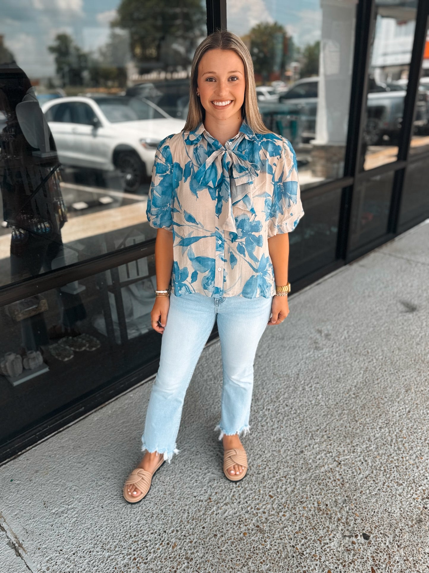 Sandy Neck Tie Blouse-Cream/Blue