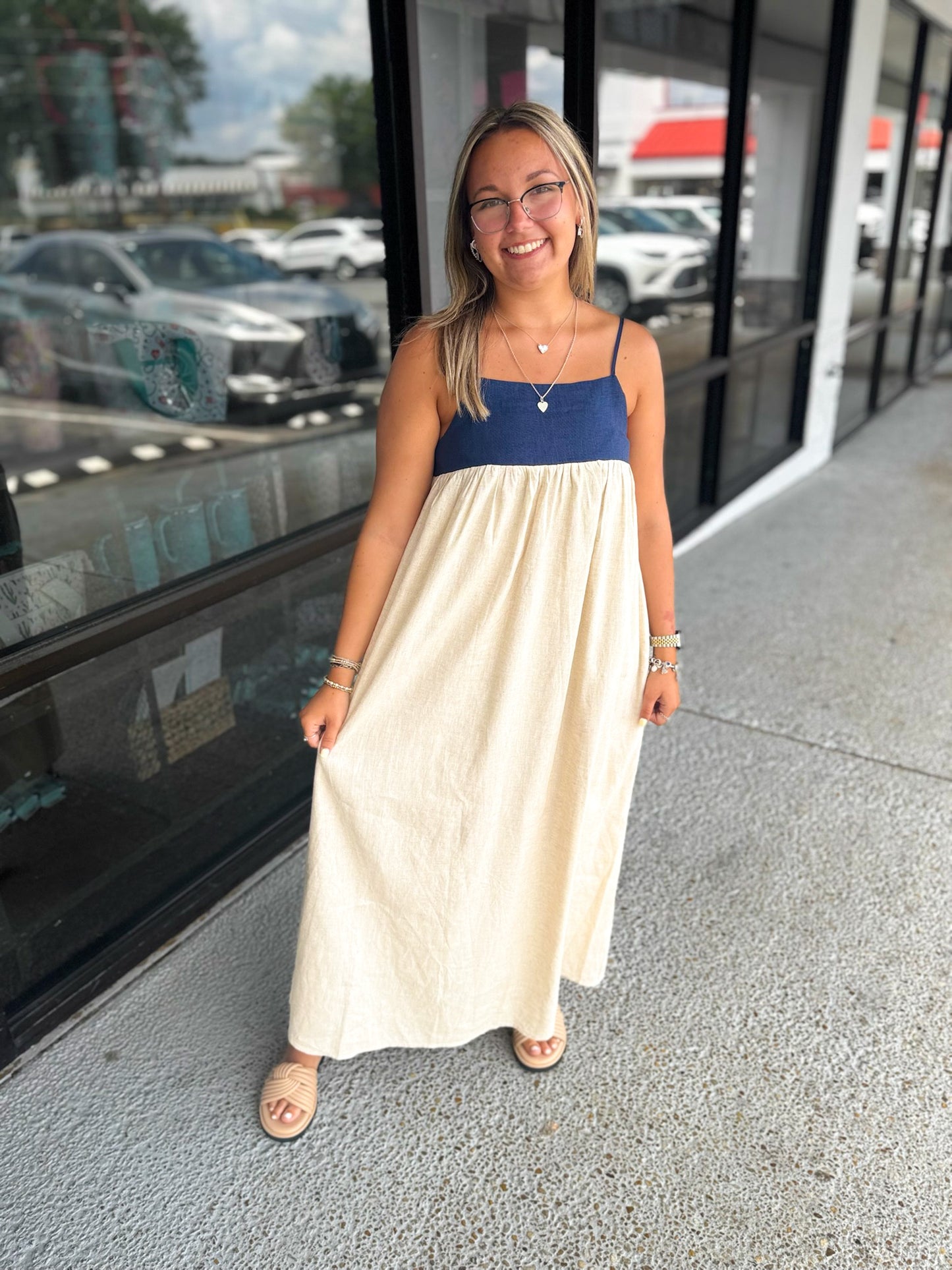 Linen 2 Tone Maxi-Natural/Navy