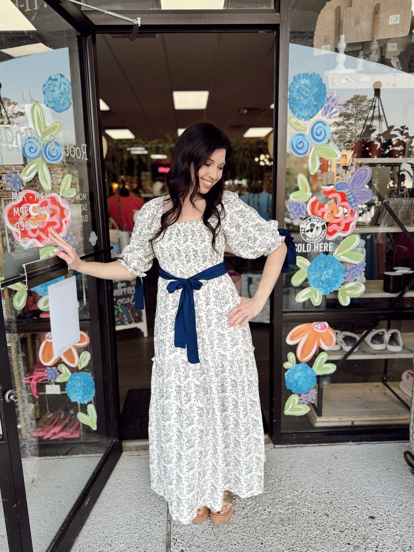 Floral Print Ribbon Maxi-Indigo