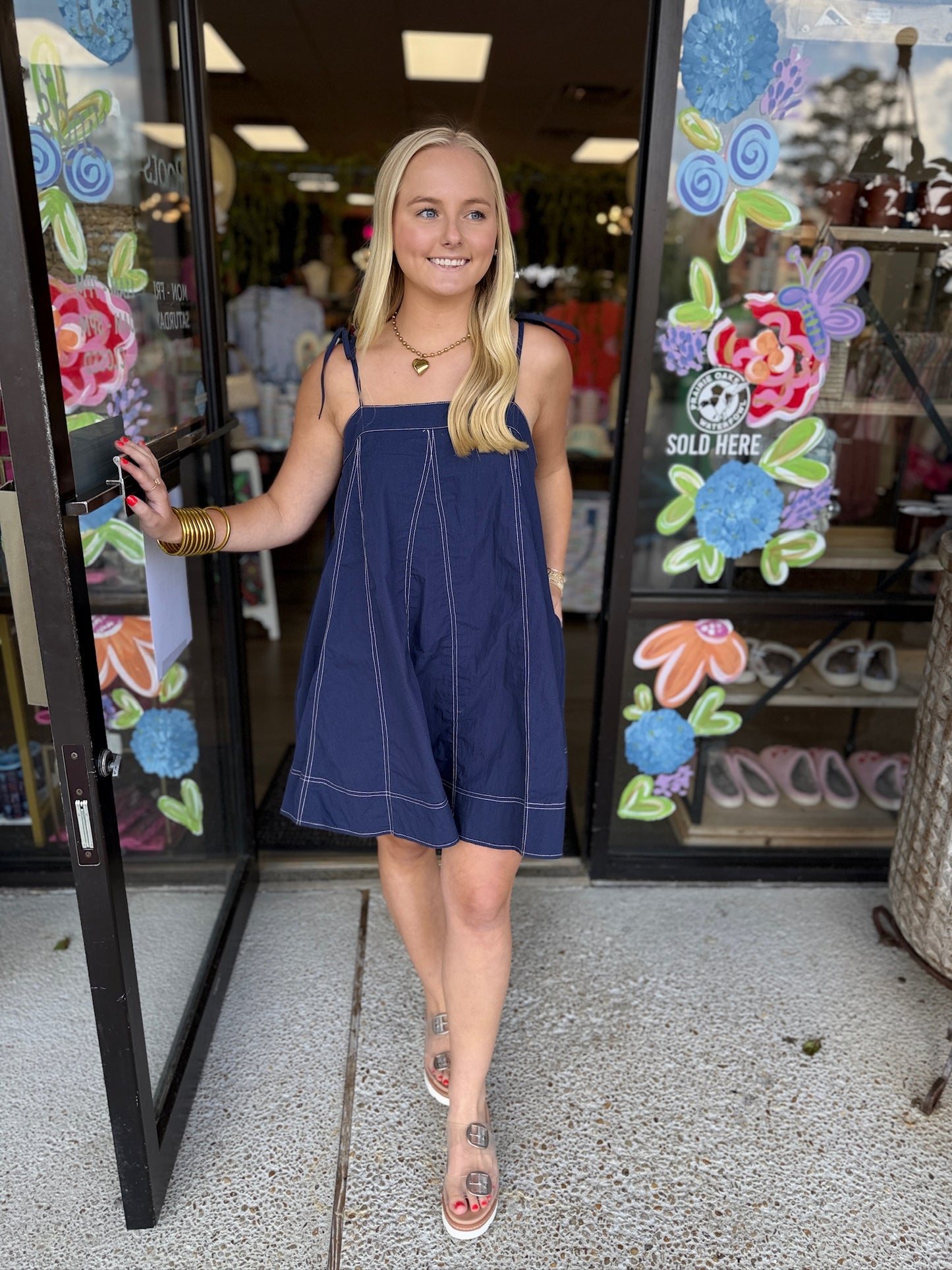 Contrast Top Stitch Mini Dress-Navy