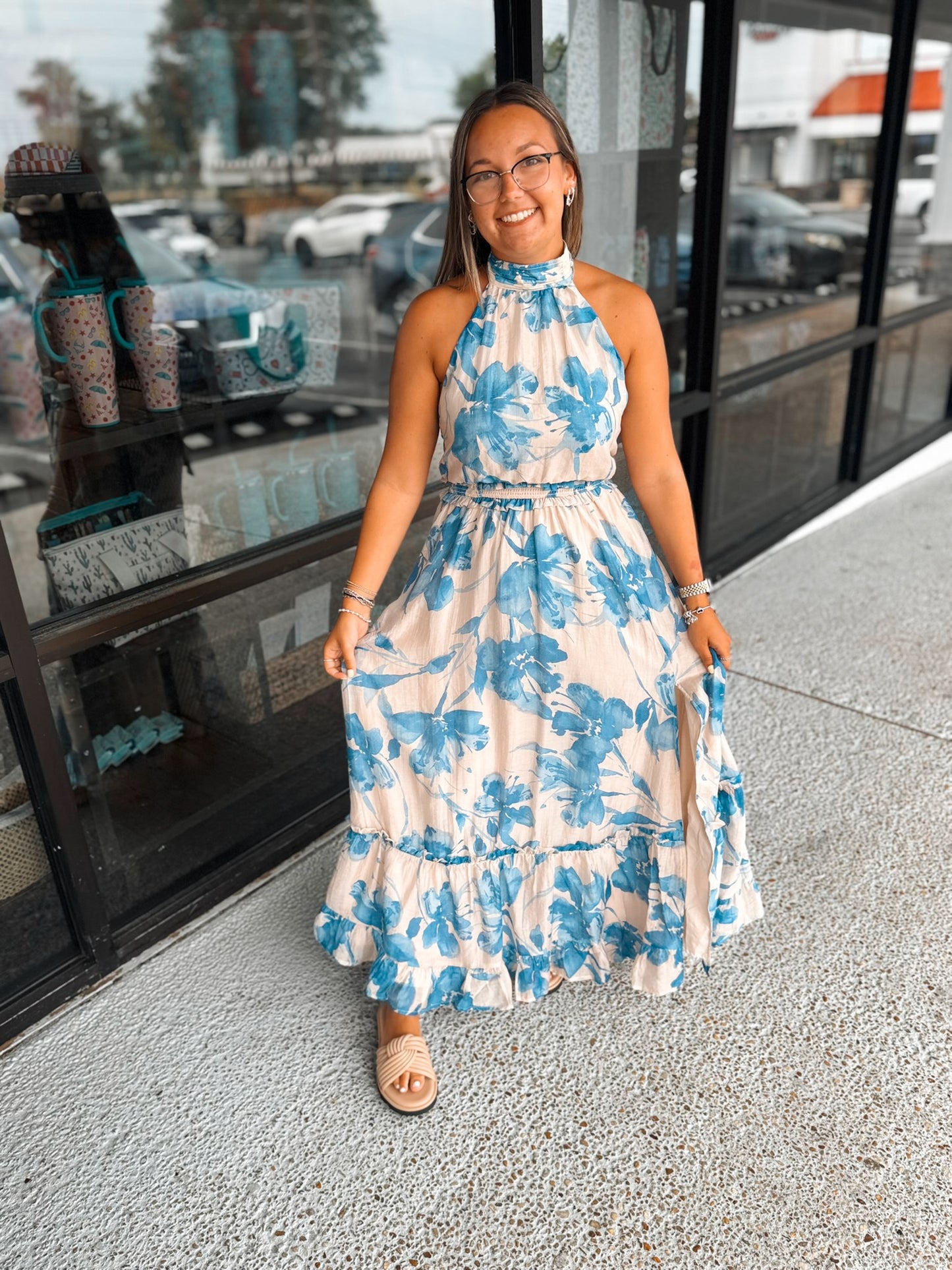 Sandy Halter Maxi- Cream/Blue