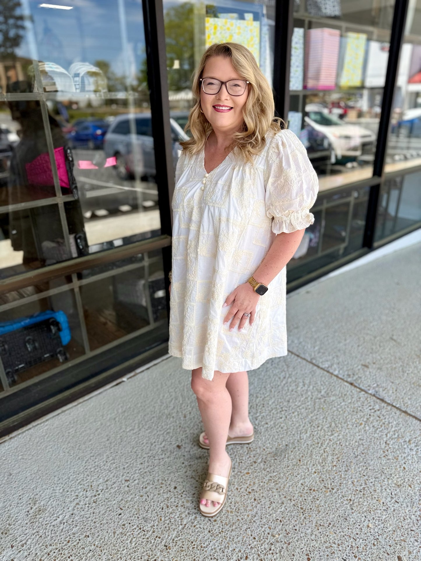 EMBROIDERED MINI SHIFT DRESS- IVORY
