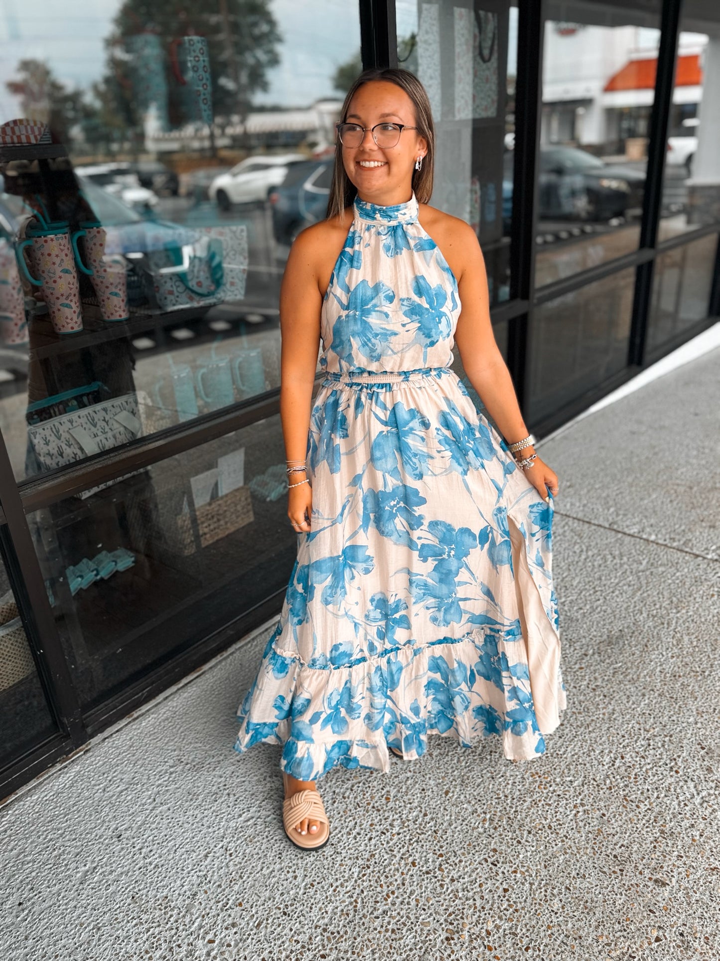 Sandy Halter Maxi- Cream/Blue