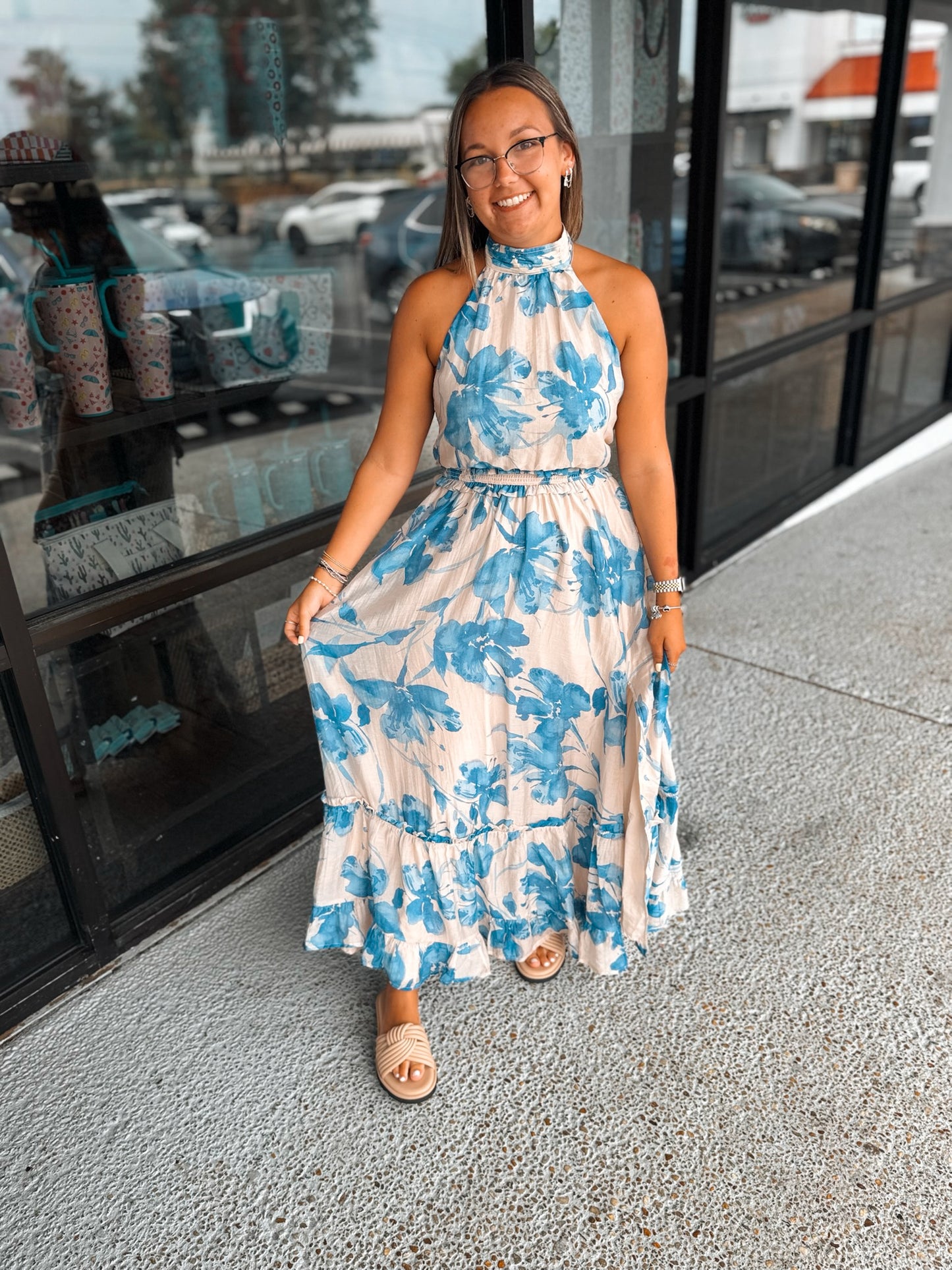 Sandy Halter Maxi- Cream/Blue