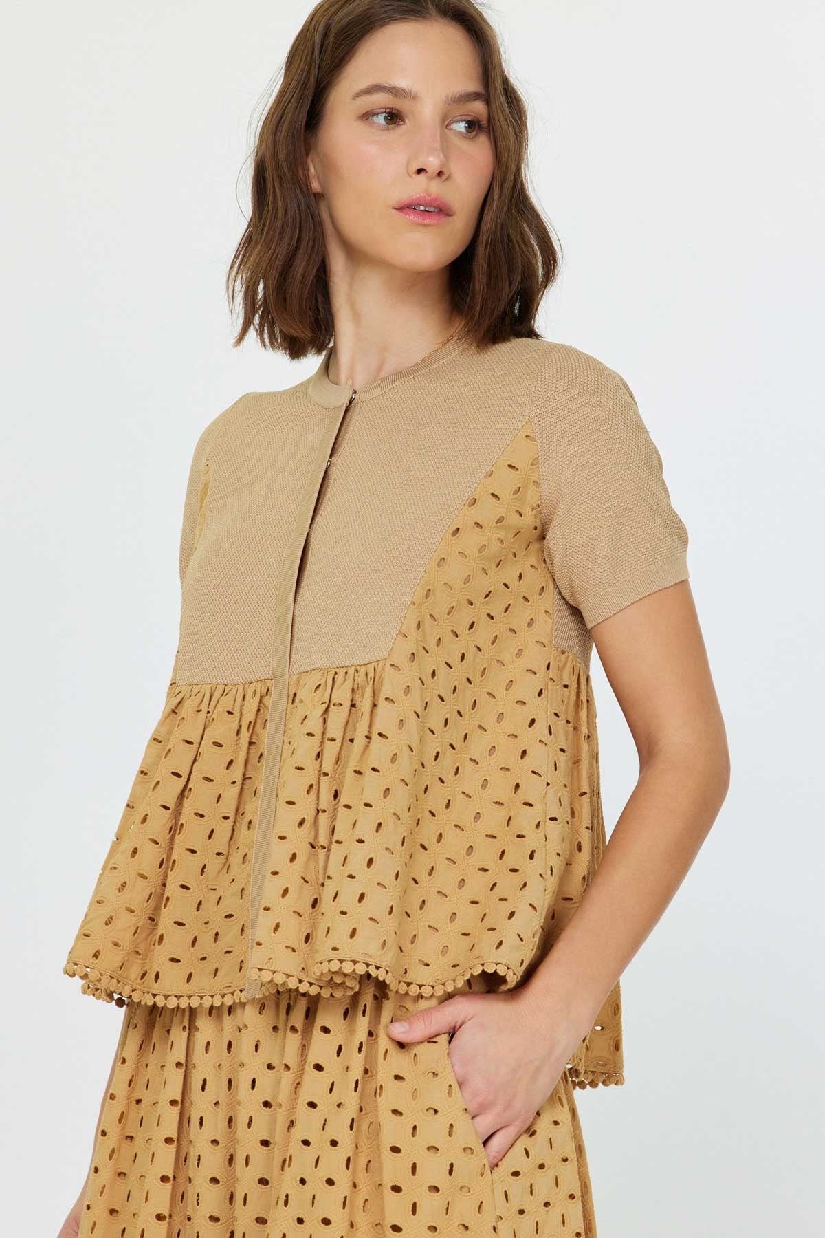 Eyelet Round Neck Cardigan-Butter Scotch