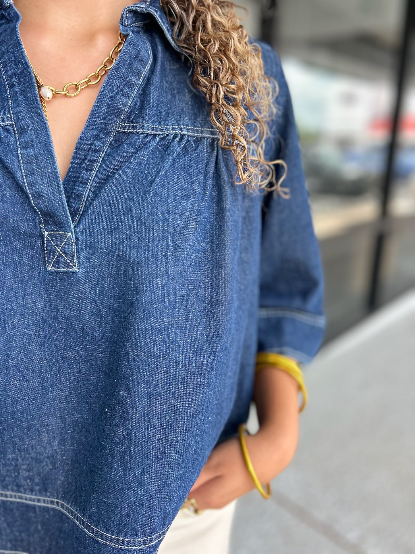 V Neck Denim Swing Top