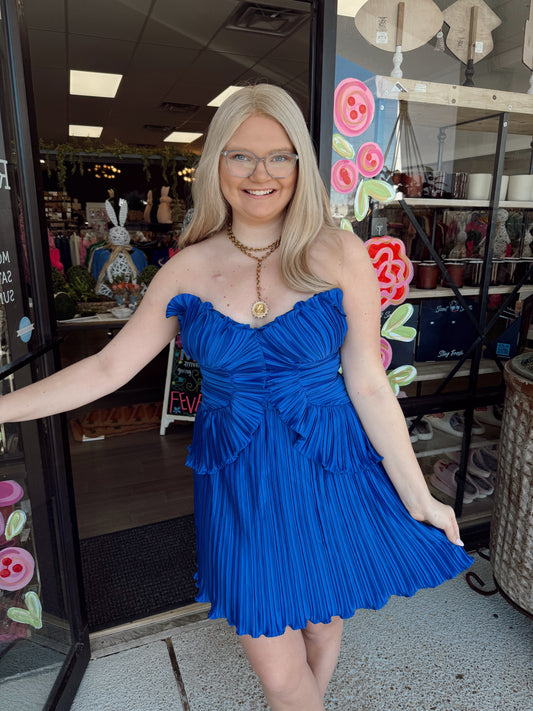 Pleated Satin Layered Ruffle Mini Dress-Cobalt Blue