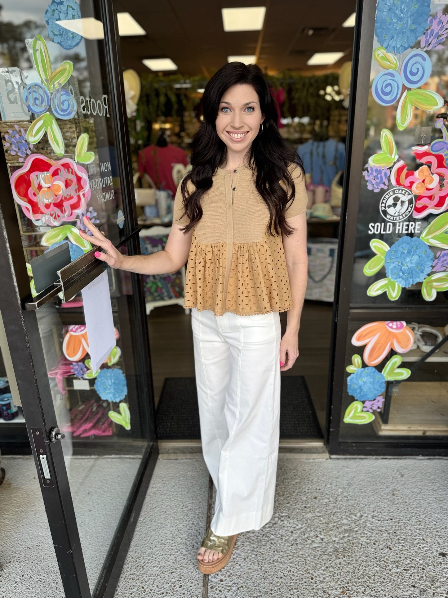 Eyelet Round Neck Cardigan-Butter Scotch