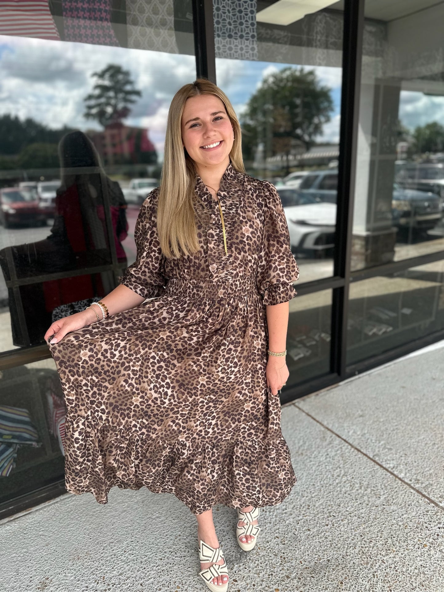Animal Print Puff Sleeve Midi