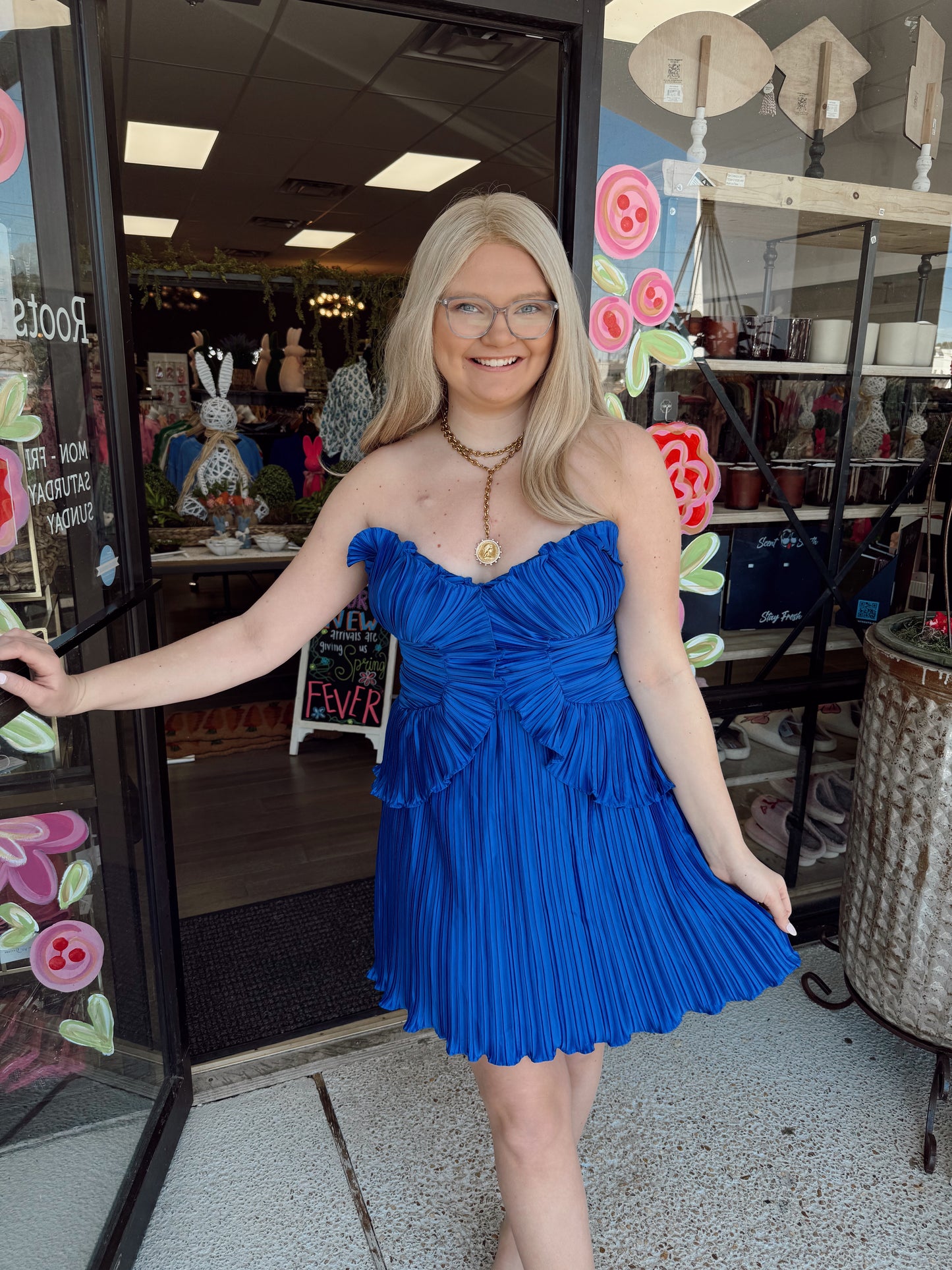 Pleated Satin Layered Ruffle Mini Dress-Cobalt Blue