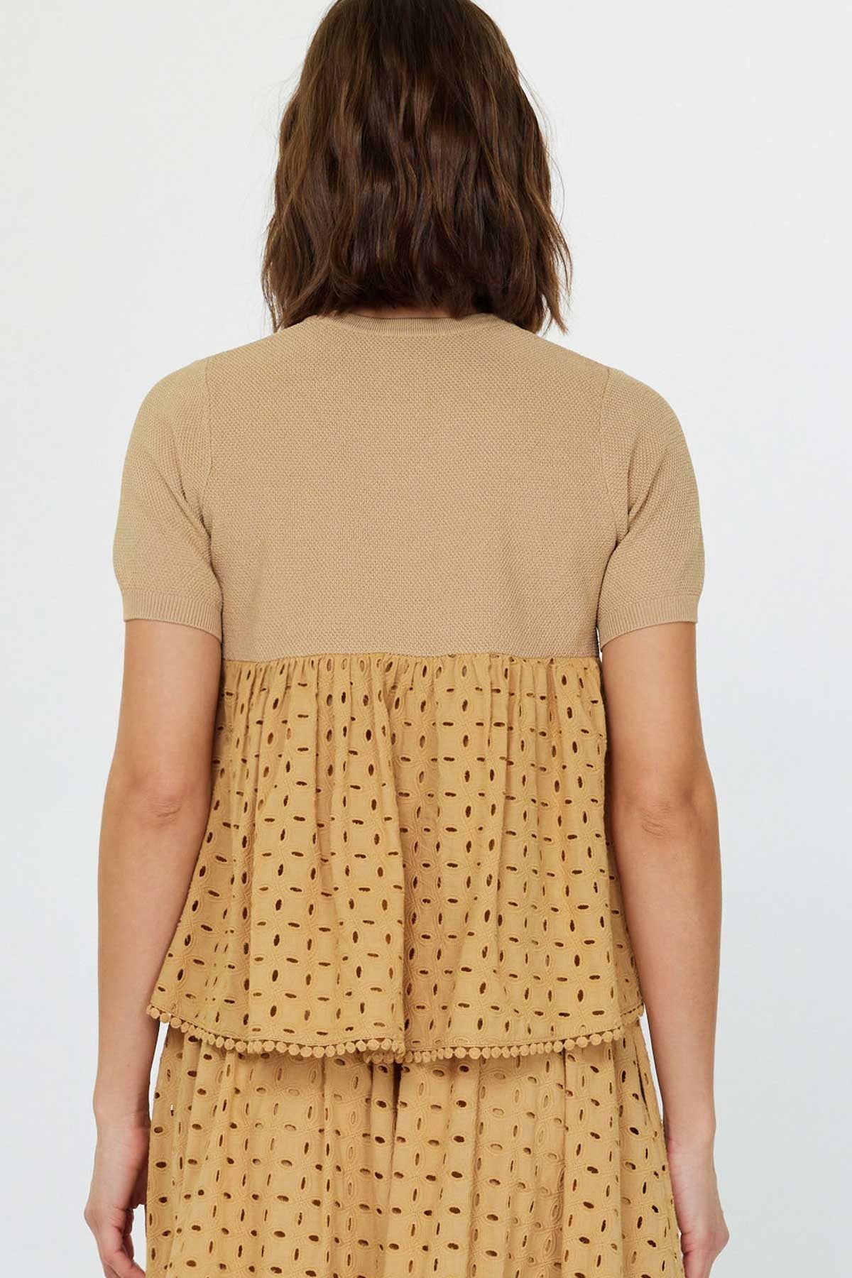 Eyelet Round Neck Cardigan-Butter Scotch