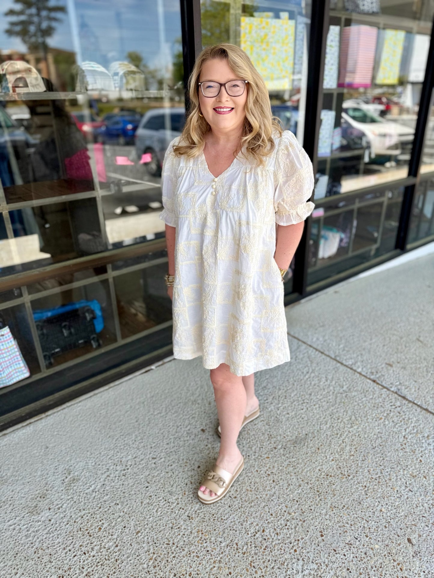 EMBROIDERED MINI SHIFT DRESS- IVORY