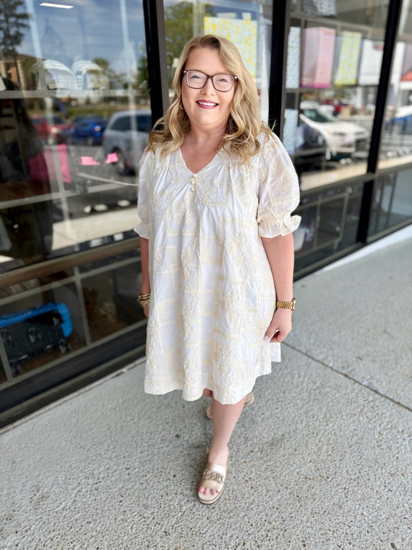 EMBROIDERED MINI SHIFT DRESS- IVORY
