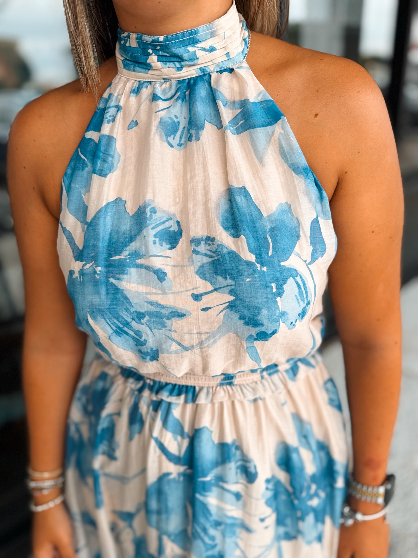 Sandy Halter Maxi- Cream/Blue