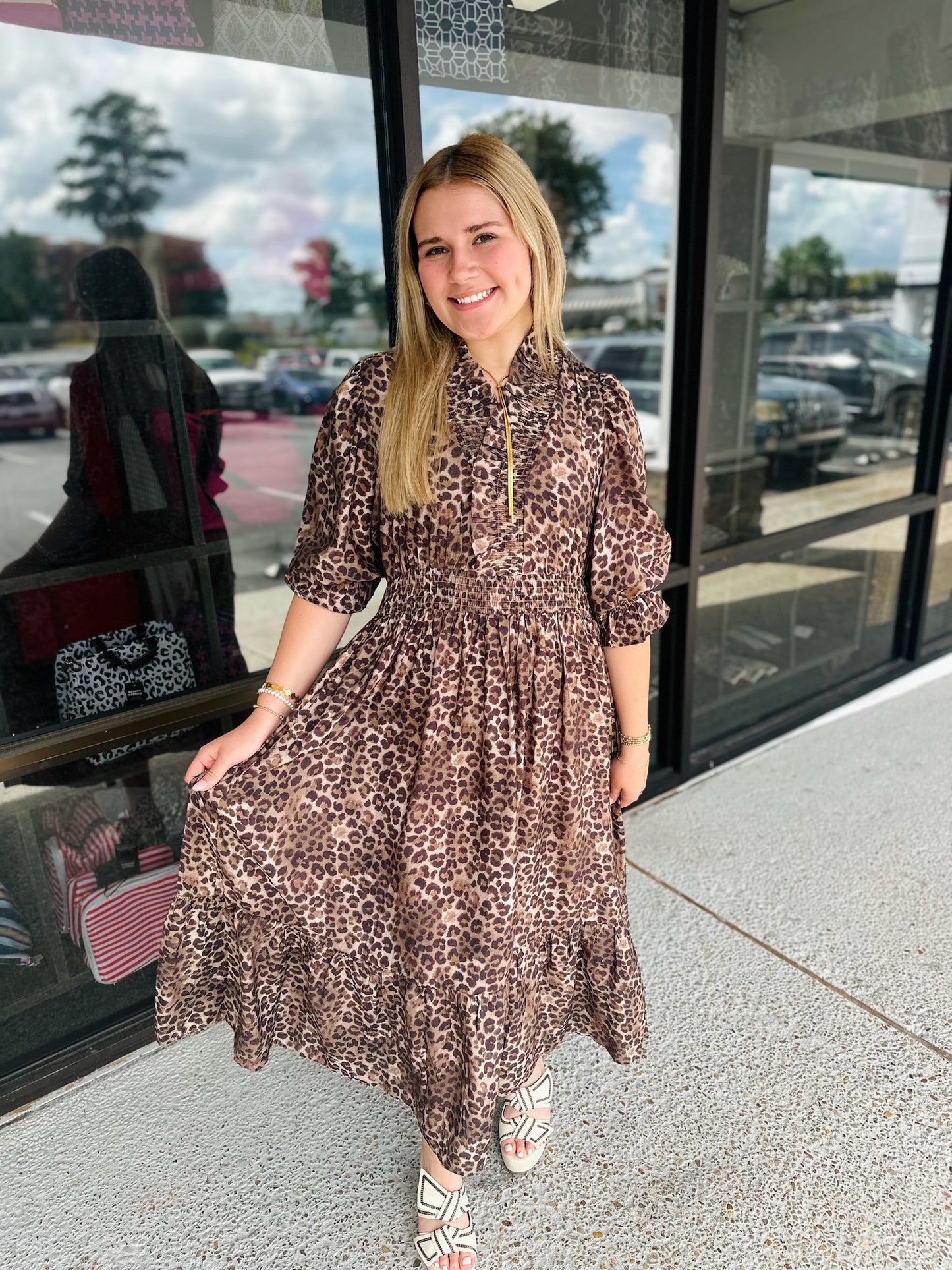 Animal Print Puff Sleeve Midi