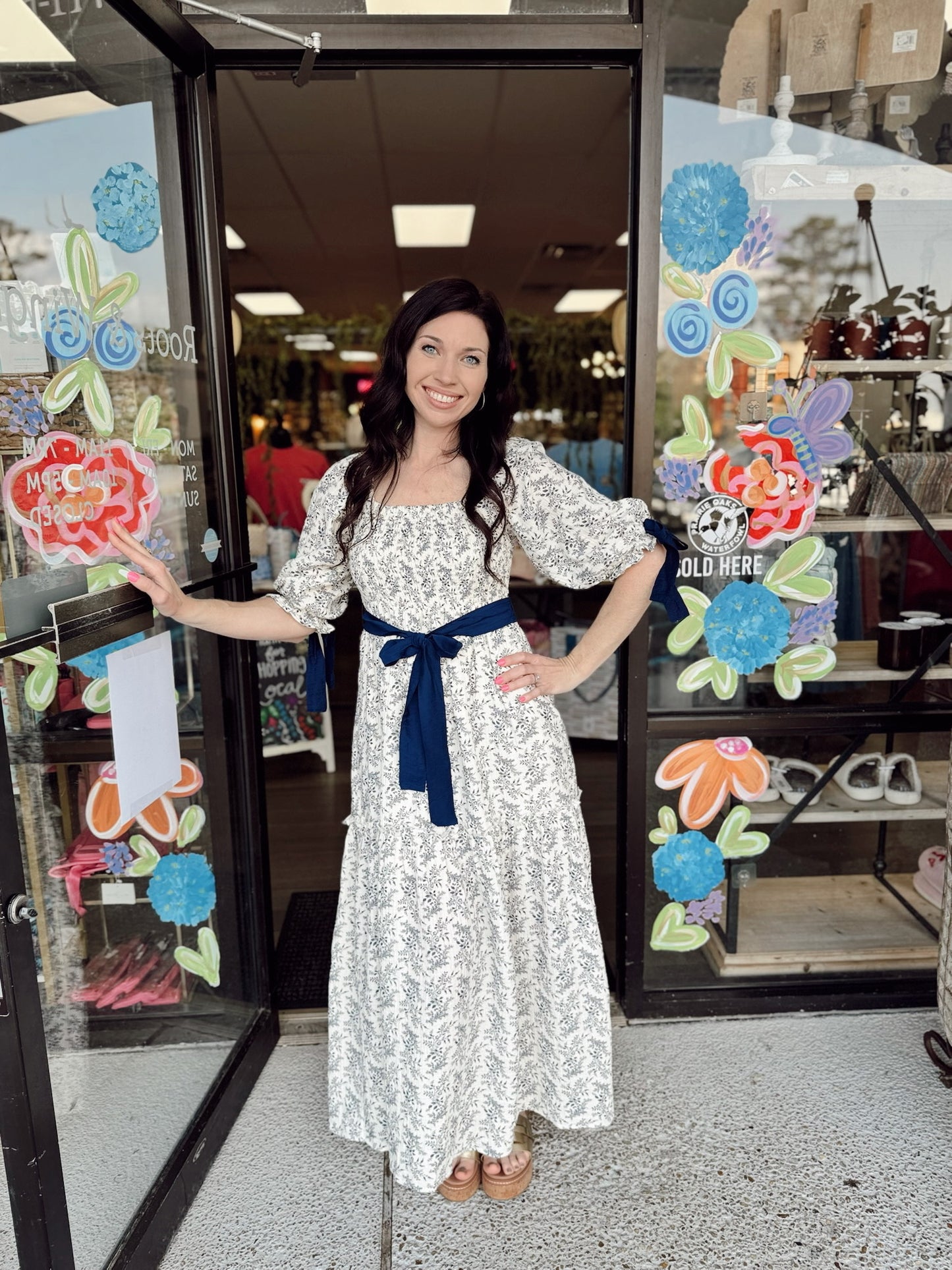 Floral Print Ribbon Maxi-Indigo