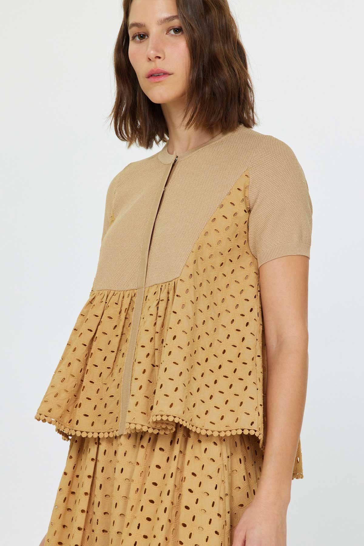 Eyelet Round Neck Cardigan-Butter Scotch