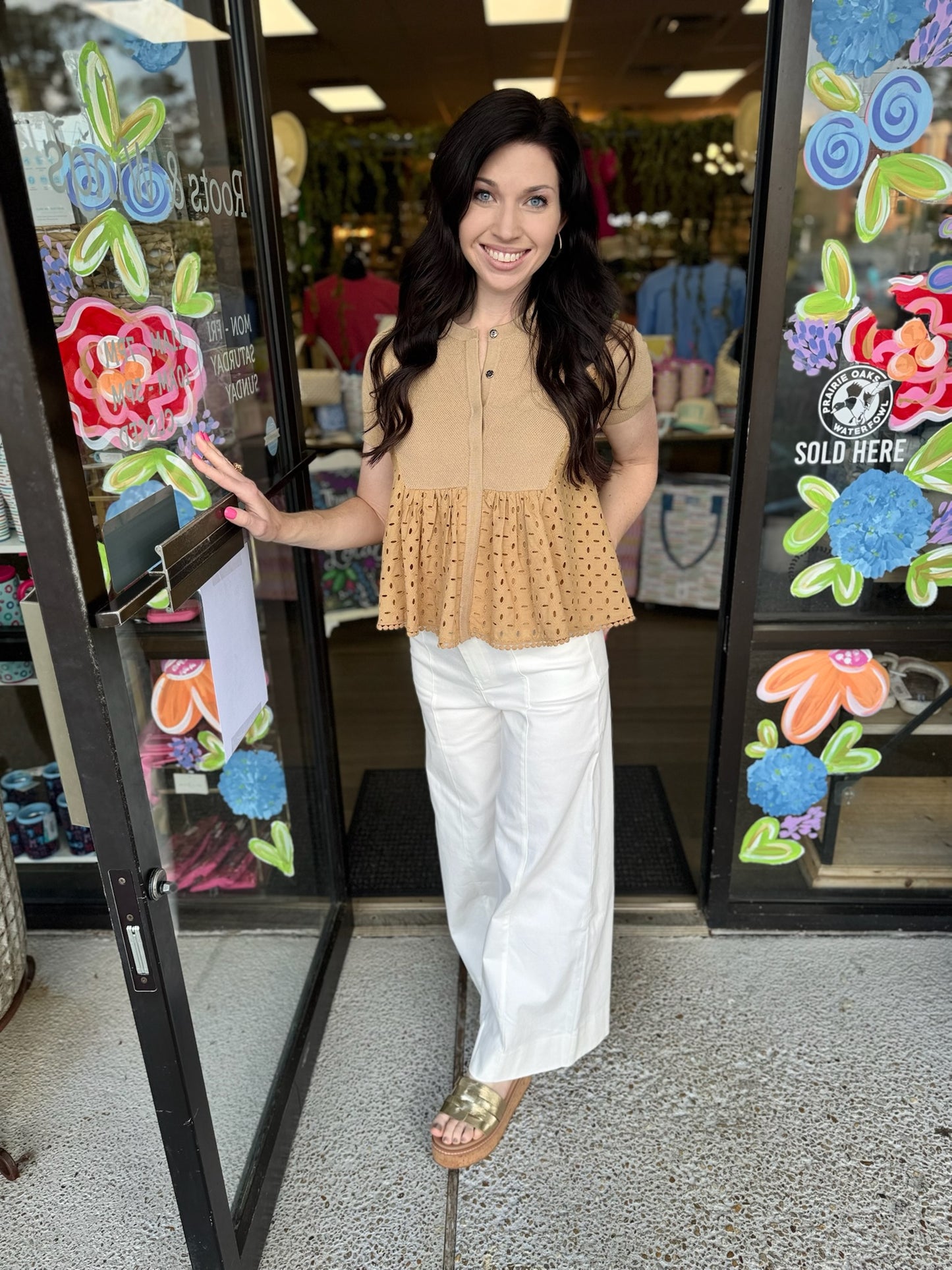 Eyelet Round Neck Cardigan-Butter Scotch