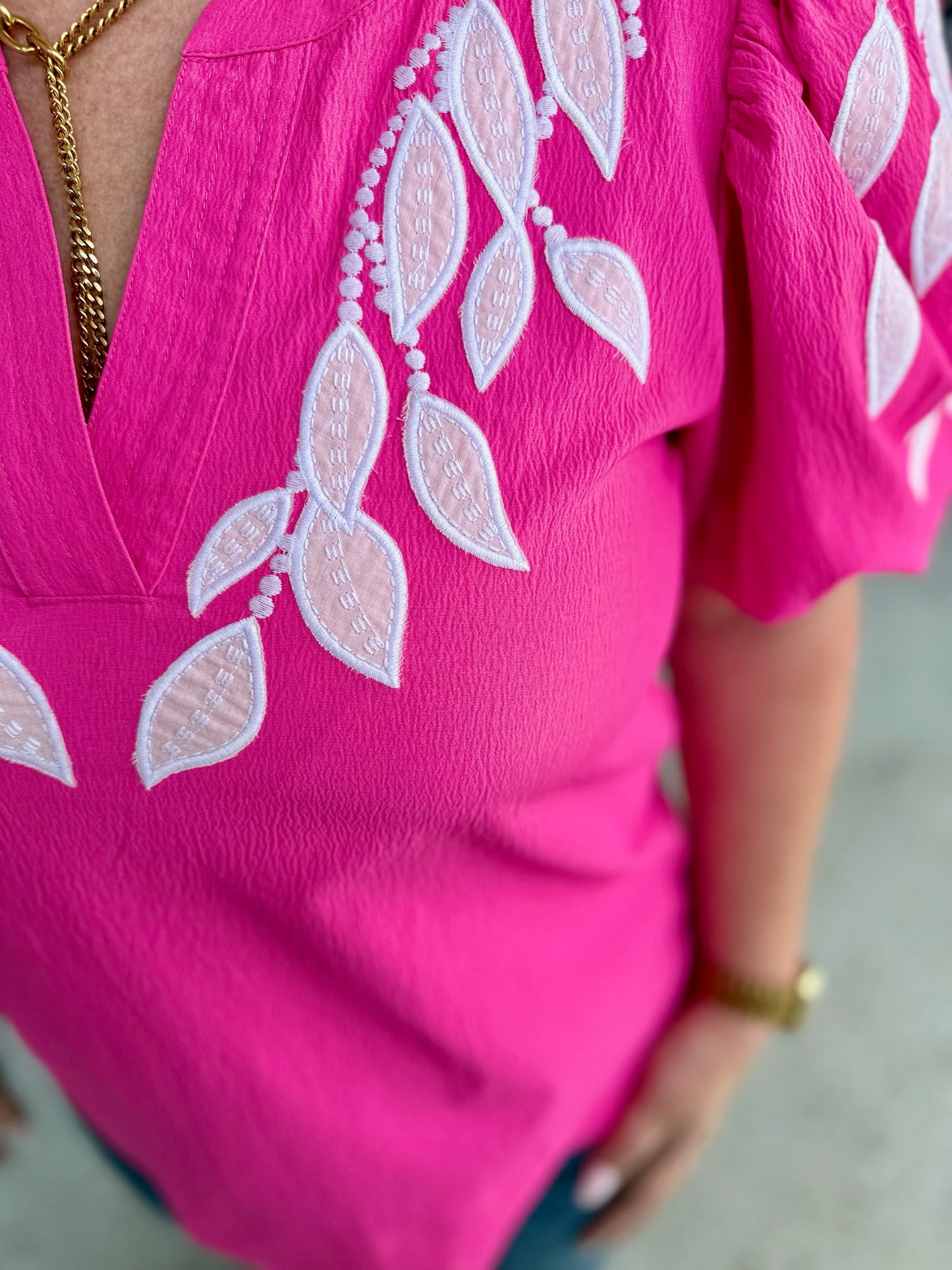 Leaf Embroidered Puffed Sleeves Top-Hot Pink
