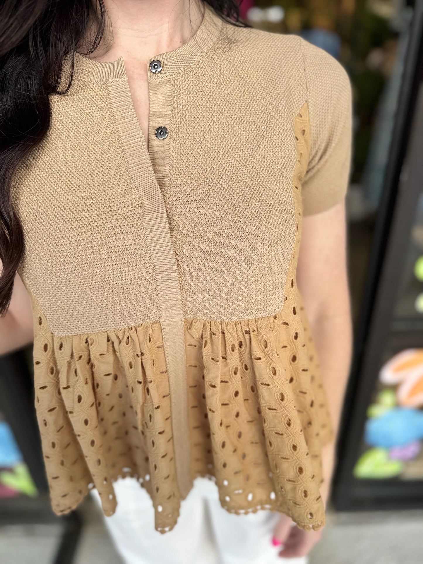 Eyelet Round Neck Cardigan-Butter Scotch