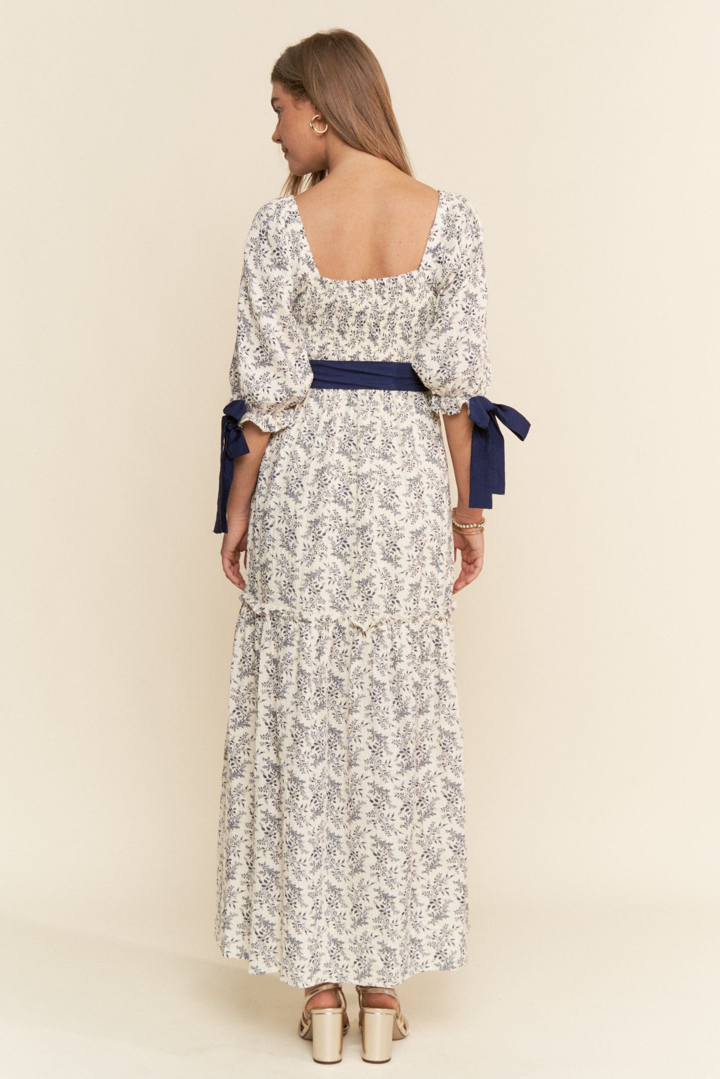 Floral Print Ribbon Maxi-Indigo
