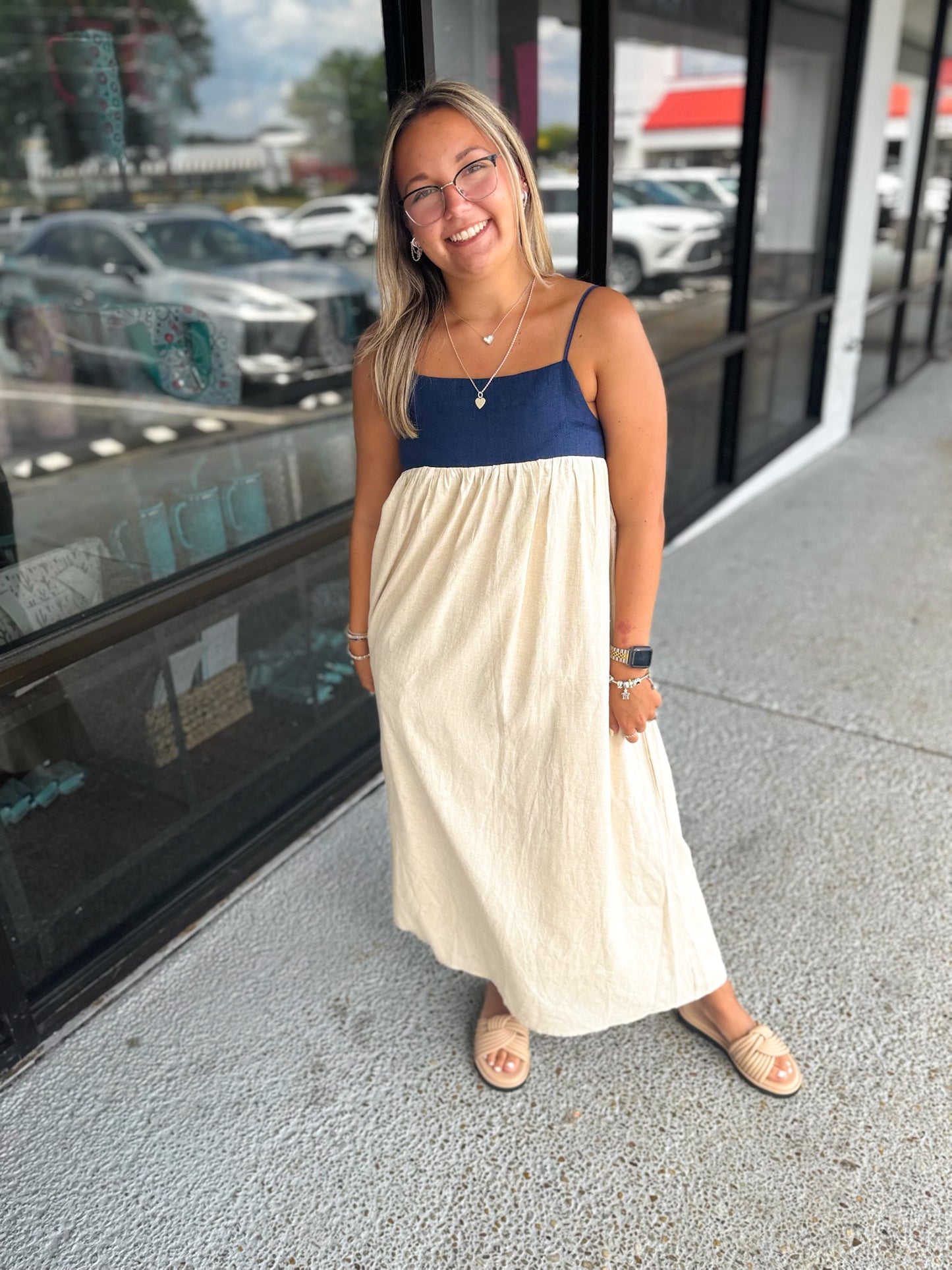 Linen 2 Tone Maxi-Natural/Navy