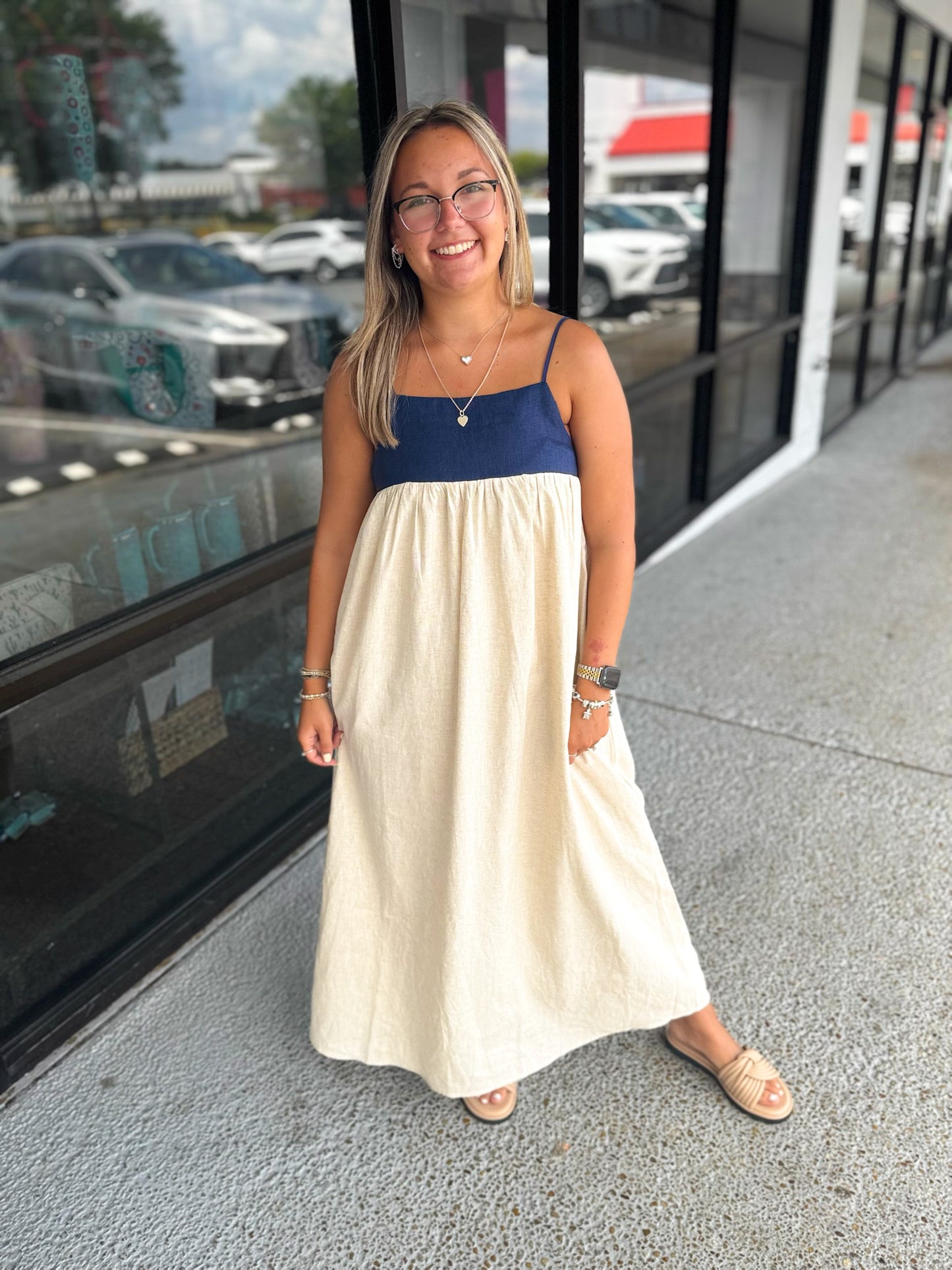 Linen 2 Tone Maxi-Natural/Navy