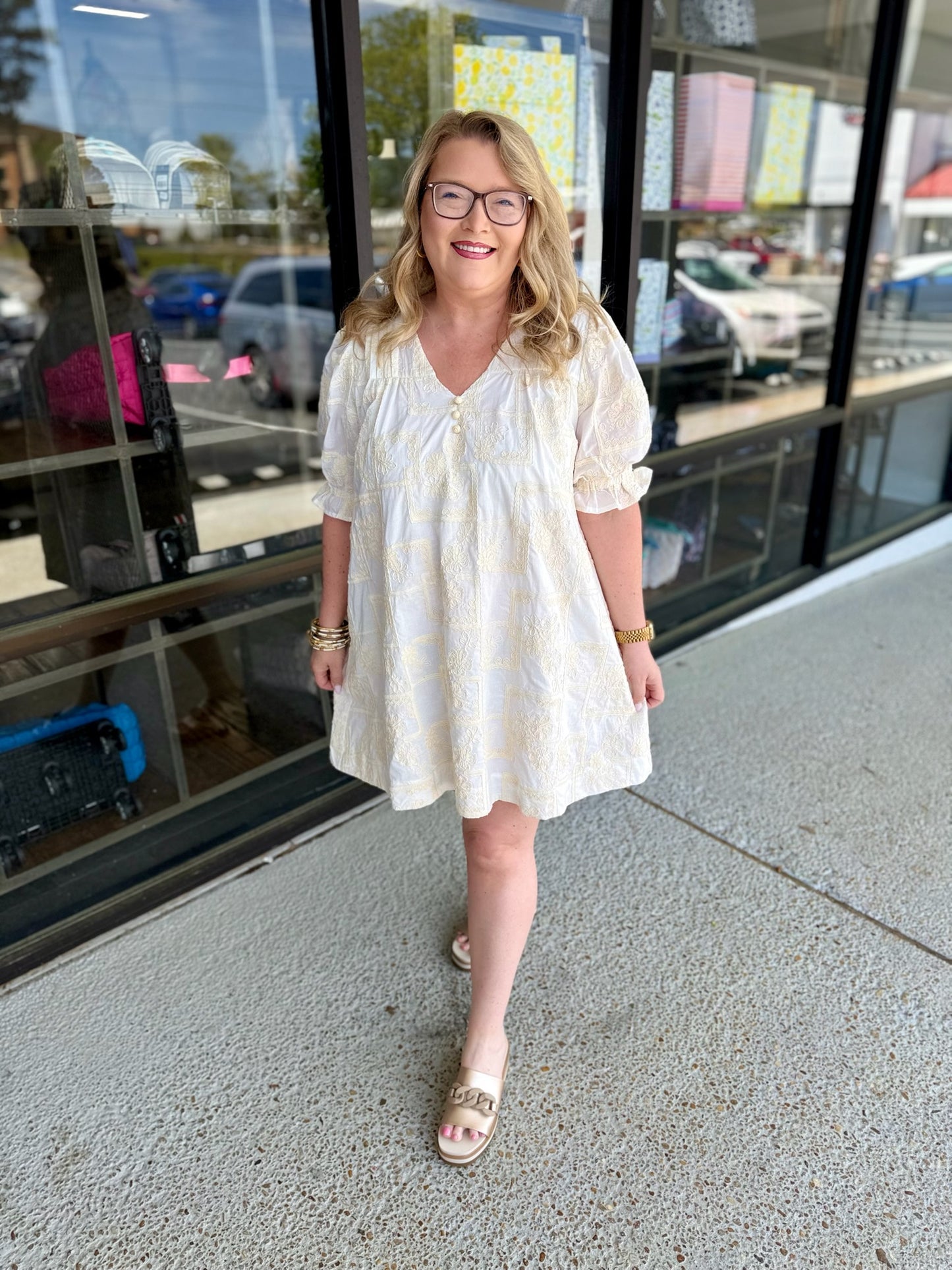 EMBROIDERED MINI SHIFT DRESS- IVORY