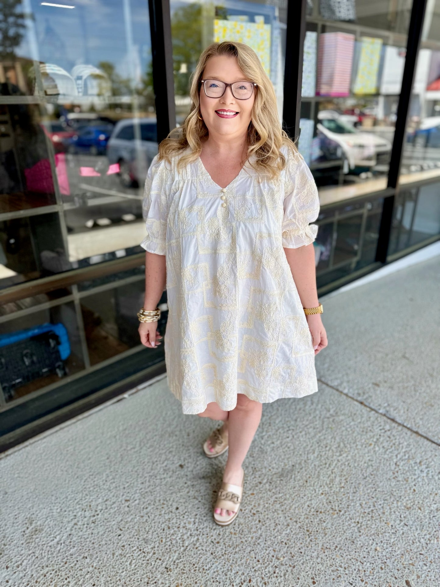 EMBROIDERED MINI SHIFT DRESS- IVORY