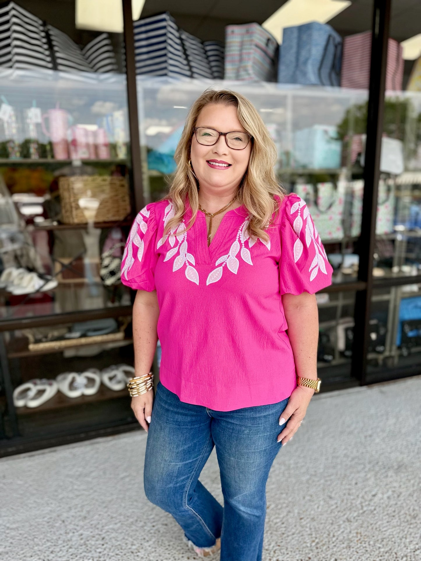 Leaf Embroidered Puffed Sleeves Top-Hot Pink