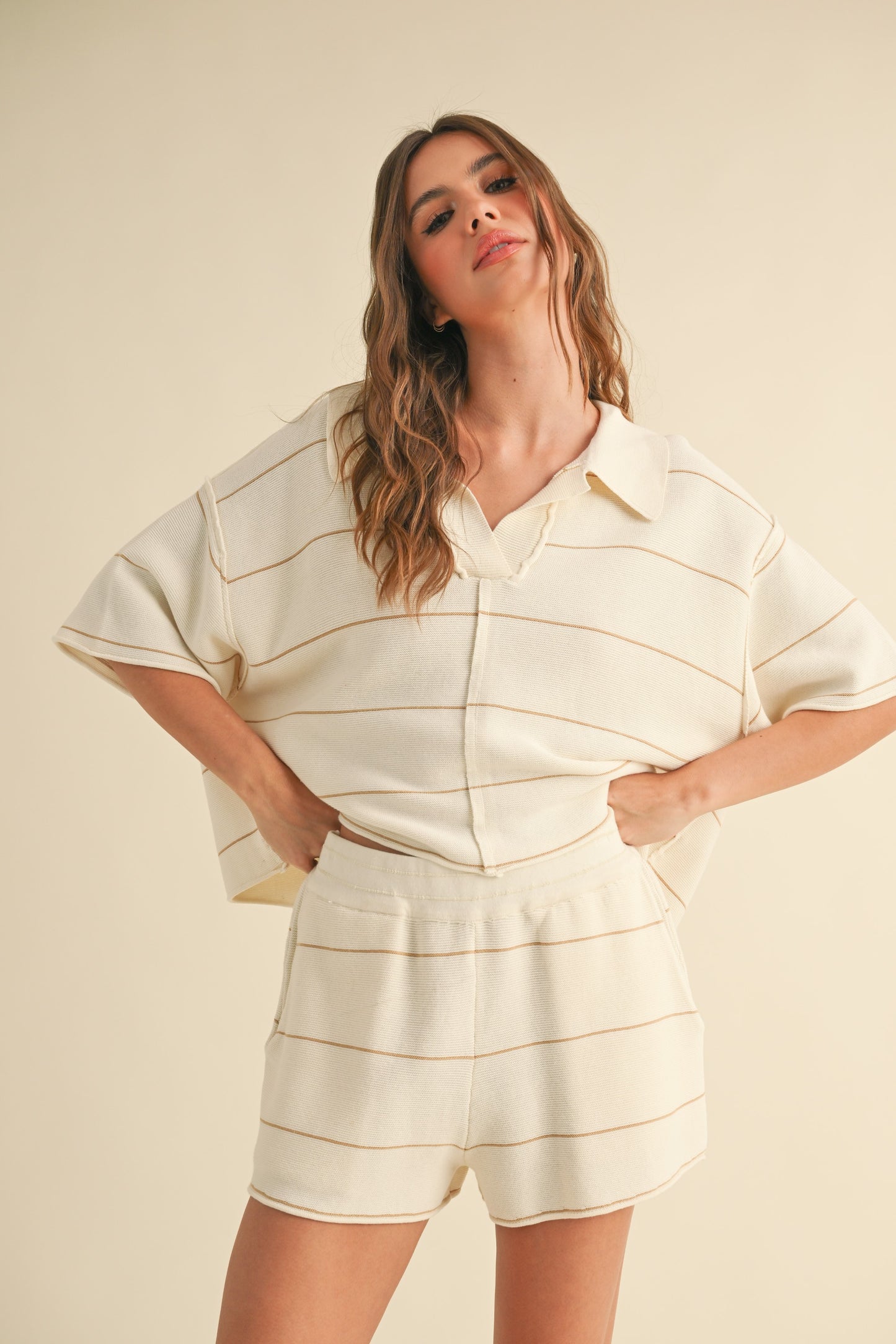 STRIPED PATTERN KNITTED SET-OFF WHITE/TAN