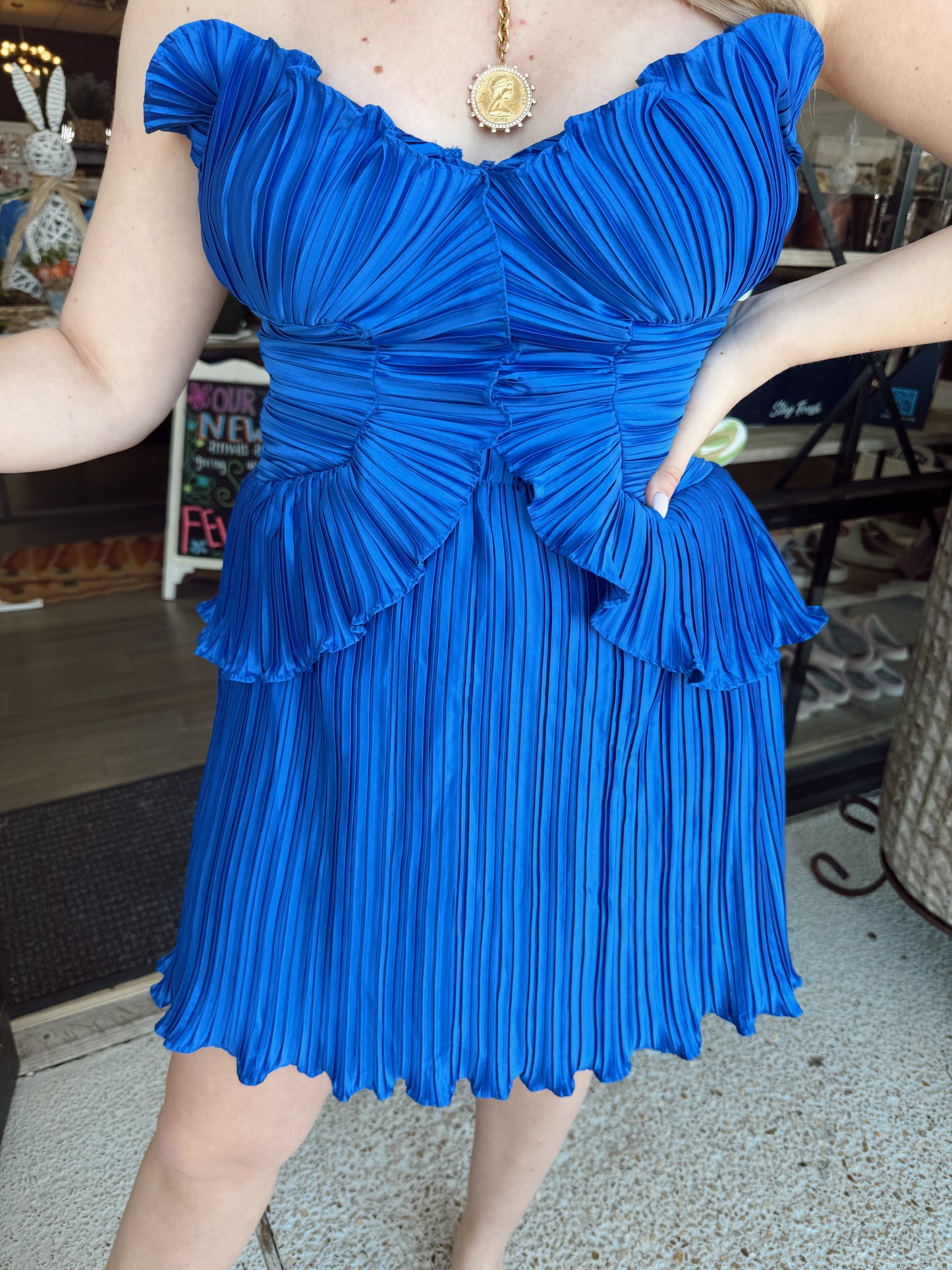 Pleated Satin Layered Ruffle Mini Dress-Cobalt Blue