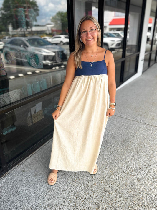Linen 2 Tone Maxi-Natural/Navy
