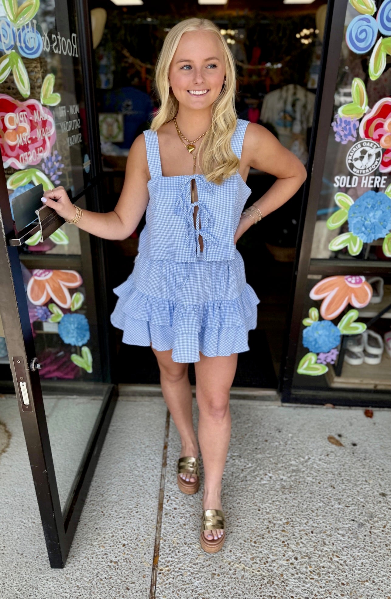 Gingham Bow Tie Front Set- Blue