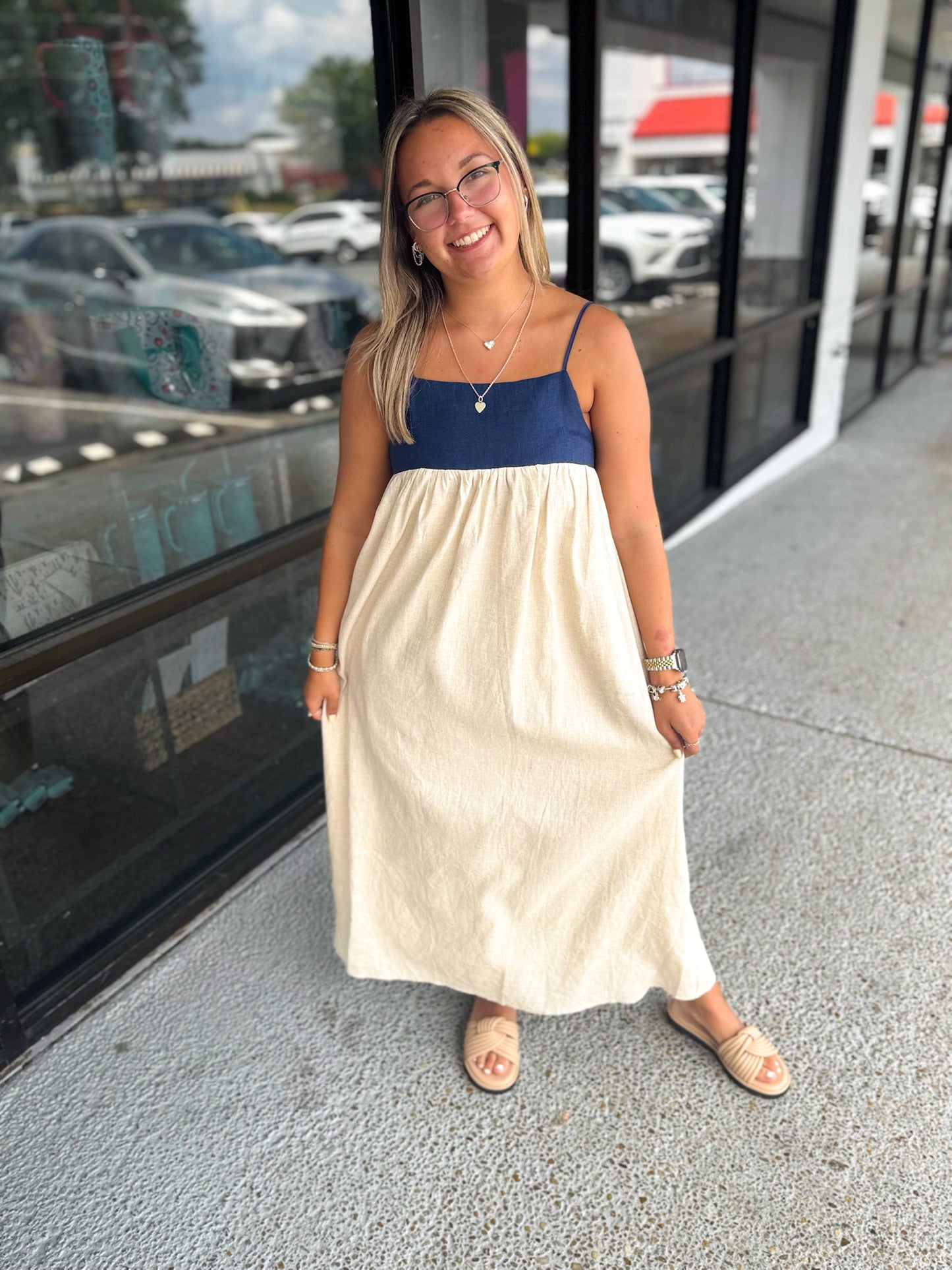 Linen 2 Tone Maxi-Natural/Navy