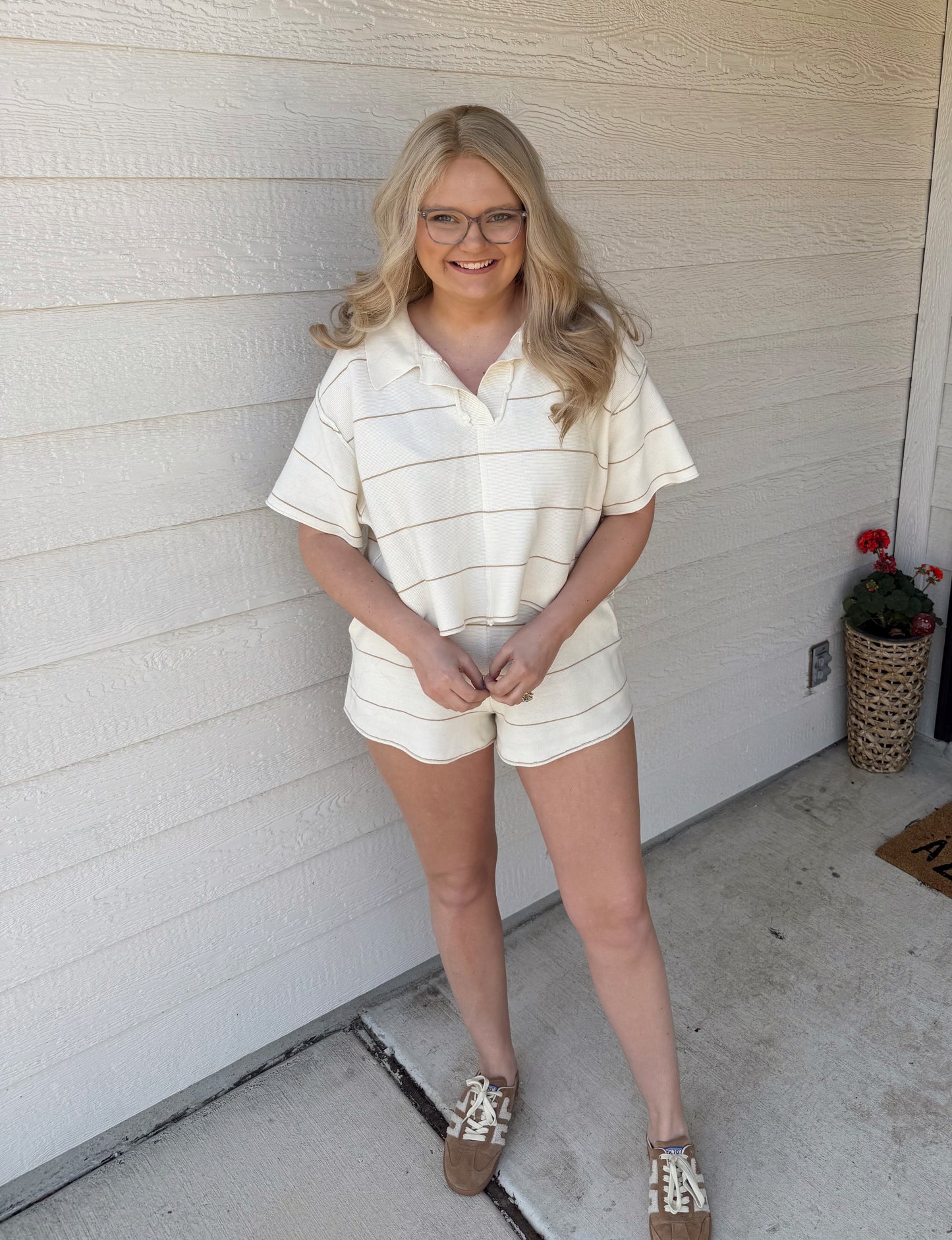 STRIPED PATTERN KNITTED SET-OFF WHITE/TAN