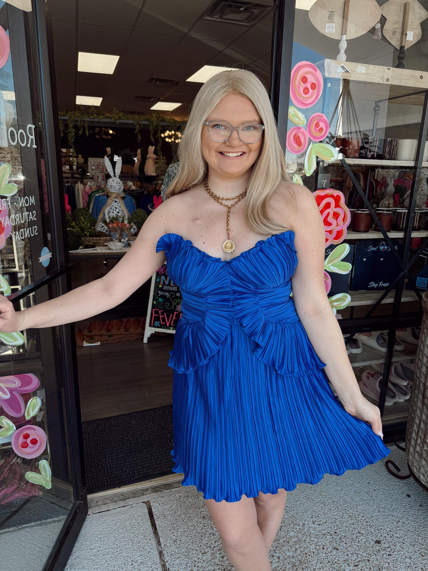 Pleated Satin Layered Ruffle Mini Dress-Cobalt Blue