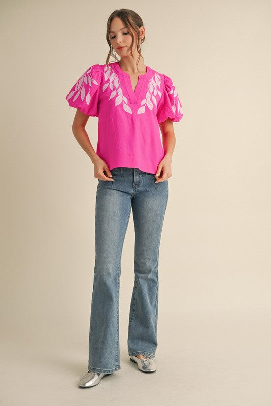 Leaf Embroidered Puffed Sleeves Top-Hot Pink